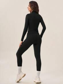 TimeOff Women's One Set Autumn/Winter Solid Color Stand Collar Slim Fit Long Sleeve Leggings Set - Black - View 9
