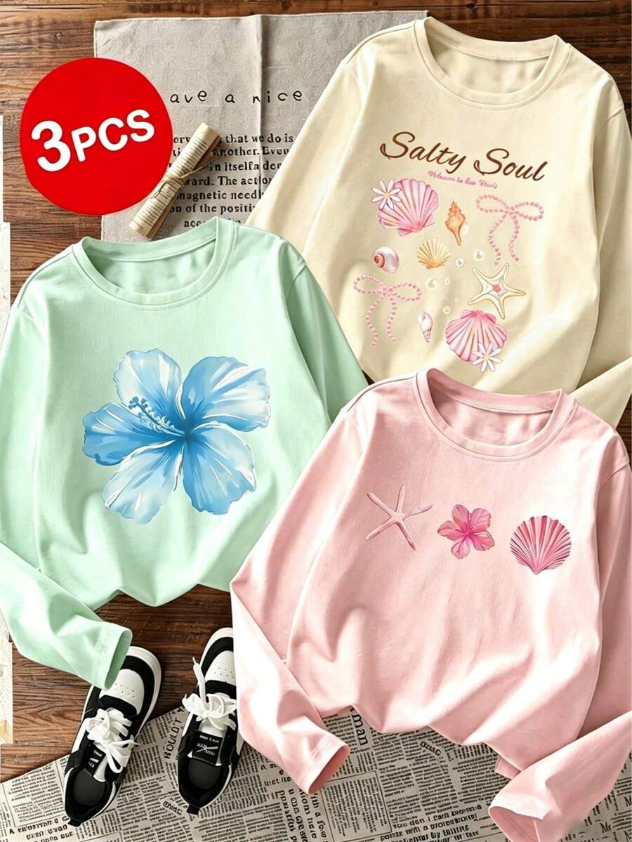 Set 3 buah Kaos Lengan Panjang Bermotif untuk Anak Perempuan Remaja, Cocok untuk Atasan Musim Gugur/Dingin Anak Perempuan, Pakaian Anak Sekolah, Cocok untuk Pakaian Luar dan Lapisan. - MultiWarna - View 1