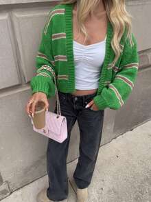 Women's Fashion Versatile V-Neck Colorblock Striped Loose Short Knit Cardigan With Buttons - Multicolor - View 3