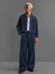 HOMIIE Men's Corduroy 2 Pieces Set, Lapel Button Front Short Jacket & Wide Leg Pants Outfit, Casual Solid Color Streetwear Set, Suitable For Autumn - Navy Blue - View 4