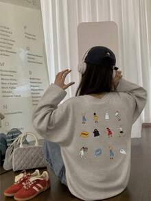Kaos Lengan Panjang Wanita Longgar, Modis, Serbaguna dengan Motif Kartun, Kasual Musim Semi/Gugur - Abu-abu muda - View 2