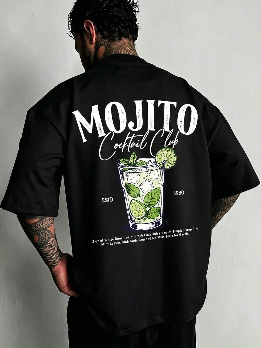 男士極簡時尚飲品調酒圖案字母印花圓領短袖夏季T恤 - 黑色 - 查看 1