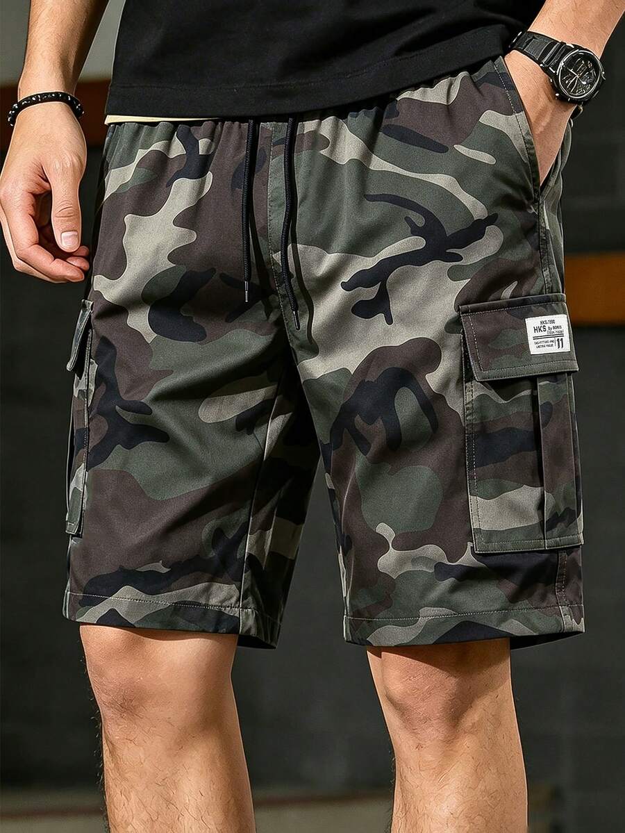 男士夏季休閒迷彩印花工裝運動短褲，日常穿著，戶外休閒 - 軍綠色 - 查看 1