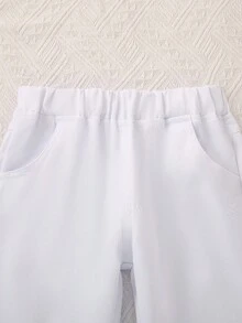 Young Boy Spring/Autumn Solid Color Stand Collar Long Sleeve Shirt & Elastic Waist Long Pants 2pcs Set, Casual Comfortable Versatile Preppy Style - Blue and White - View 8