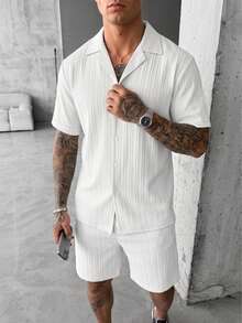 YUNCHIC Men's Vertical Ribbed Texture 2-Piece Set, Cuban Collar Short Sleeve Button Shirt And Drawstring Shorts Outfit, Summer Casual Vacation & Sportswear - White - View 3
