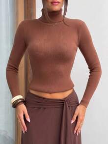SEREN New Autumn/Winter Brown Turtleneck Women's Sweater, Slim Fit, Solid Color Vertical Ribbed Texture, Casual Top, Suitable For Daily Wear - Coffee Brown - View 6