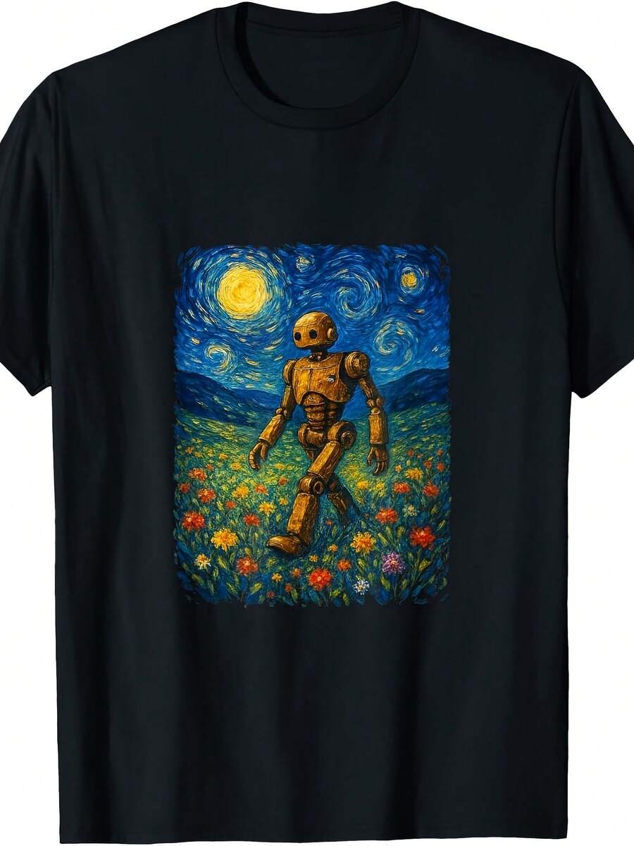Robot Art Toy Builder Retro Robotics Van Gogh Starry Night T-Shirt - 黑色 - 查看 1
