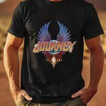 Big Size Mens White   100 Cotton T Shirt With Journey Band Logo Print For Casual Wear Plus Size - 黑色 - 查看 1