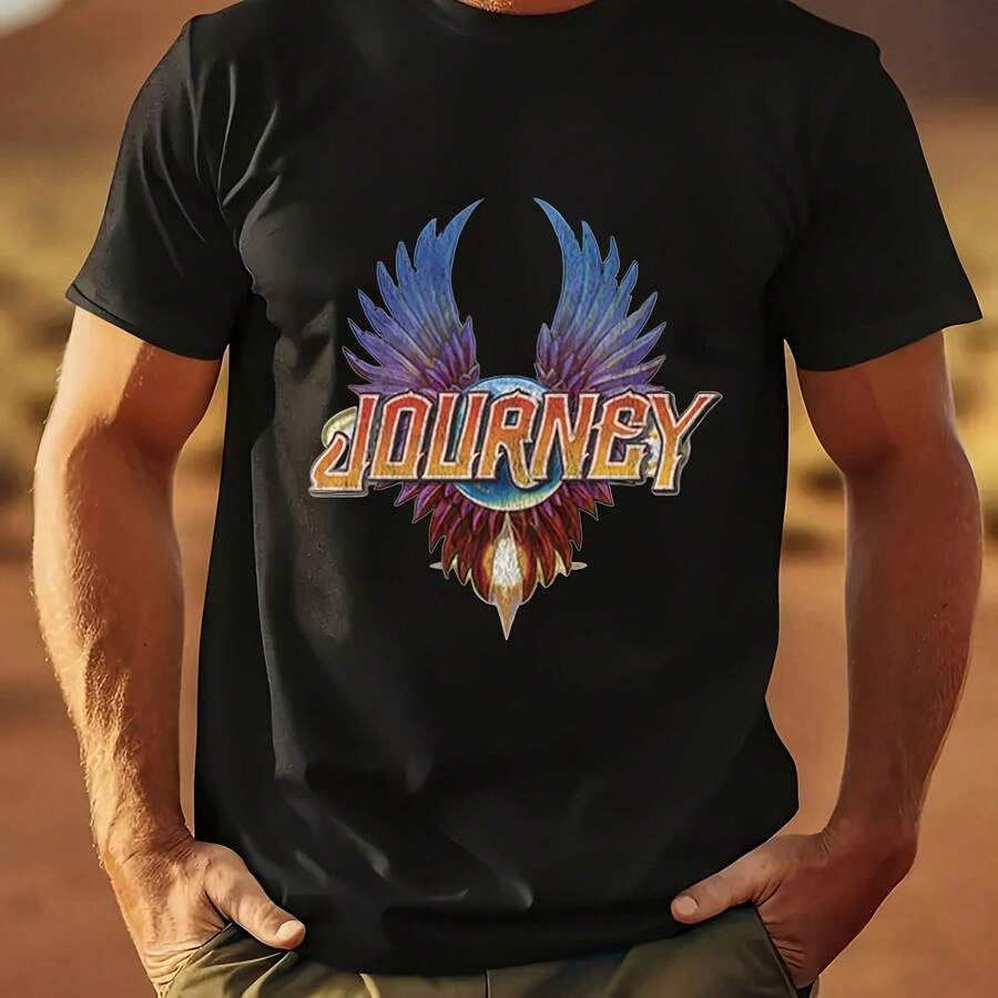 Big Size Mens White 100 Cotton T Shirt With Journey Band Logo Print For Casual Wear Plus Size - 黑色 - 查看 1