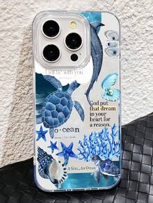 1件羽毛與海龜深海拼貼極簡風個性化TPU防震全包手機殼，適用於Apple 17 16 15 14 13 12 11 Pro Max Air及系列 - 彩色 - 查看 3