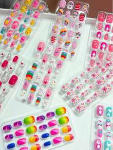 (192pcs, 8 Boxes) Children's Acrylic Full Coverage Glitter Cute Spring/Summer Pineapple, Unicorn, Penguin, Flamingo, Rainbow, Heart Short Press-On Nail Set - Multicolor - View 6