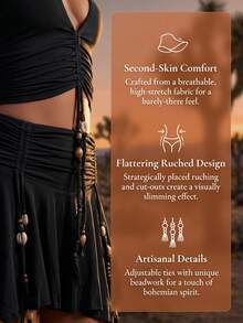 Conjunto de dos piezas de top sexy con cuello halter, espalda descubierta y falda negra con cordón ajustable de color liso para mujer, estilo western - Negro - Ver 5