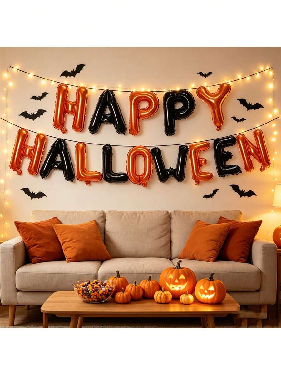 14pcs Happy Halloween Balloon Banner Set, Orange And Black Color Scheme, Suitable For Halloween, Trick Or Treat Party Decoration, Halloween Photo Booth Props, Halloween Party Decoration - Halloween - View 1