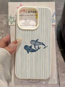 1pc White Matte Minimalist Lens Protection Blue Striped Double Shark Pattern Phone Case, Personalized For IPhone 16 Pro Max/17/16/15/14 Plus/13/12/11/Air, Compatible With Samsung Series - Multicolor - View 2