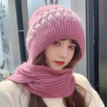 1pc Women's Autumn/Winter Thermal Lined Knit Hat With Scarf, Thick Warm Ear-Protective Beanie - Multicolor - View 5