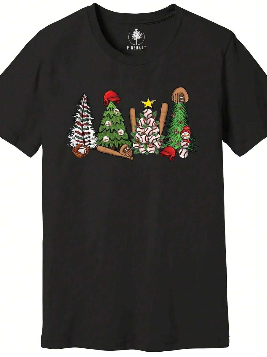 Baseball Christmas Tree Shirt, Baseball Christmas Shirt, Baseball Lover Shirt - 黑色 - 查看 1
