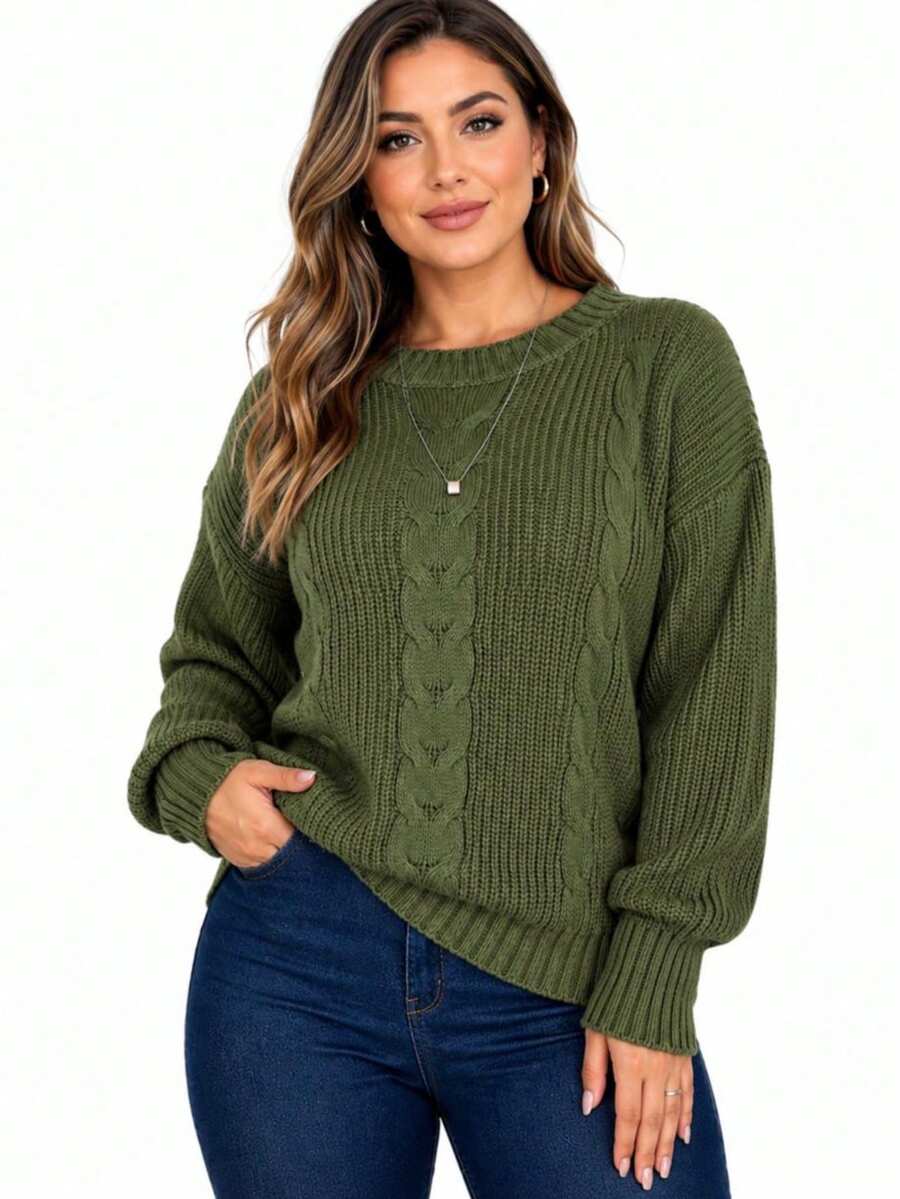 Suéter feminino de tricô com gola redonda e mangas compridas, em tecido semelhante à lã, com alta elasticidade e forro quente, ideal para outono e inverno.