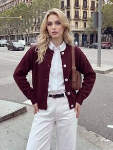 Nicenter Women's Fall Winter Burgundy Cozy Crew Neck Button Front Wool Blend Cardigan Sweater, Elegant Casual Simple For Office Daily Home Date - Burgundy - View 1