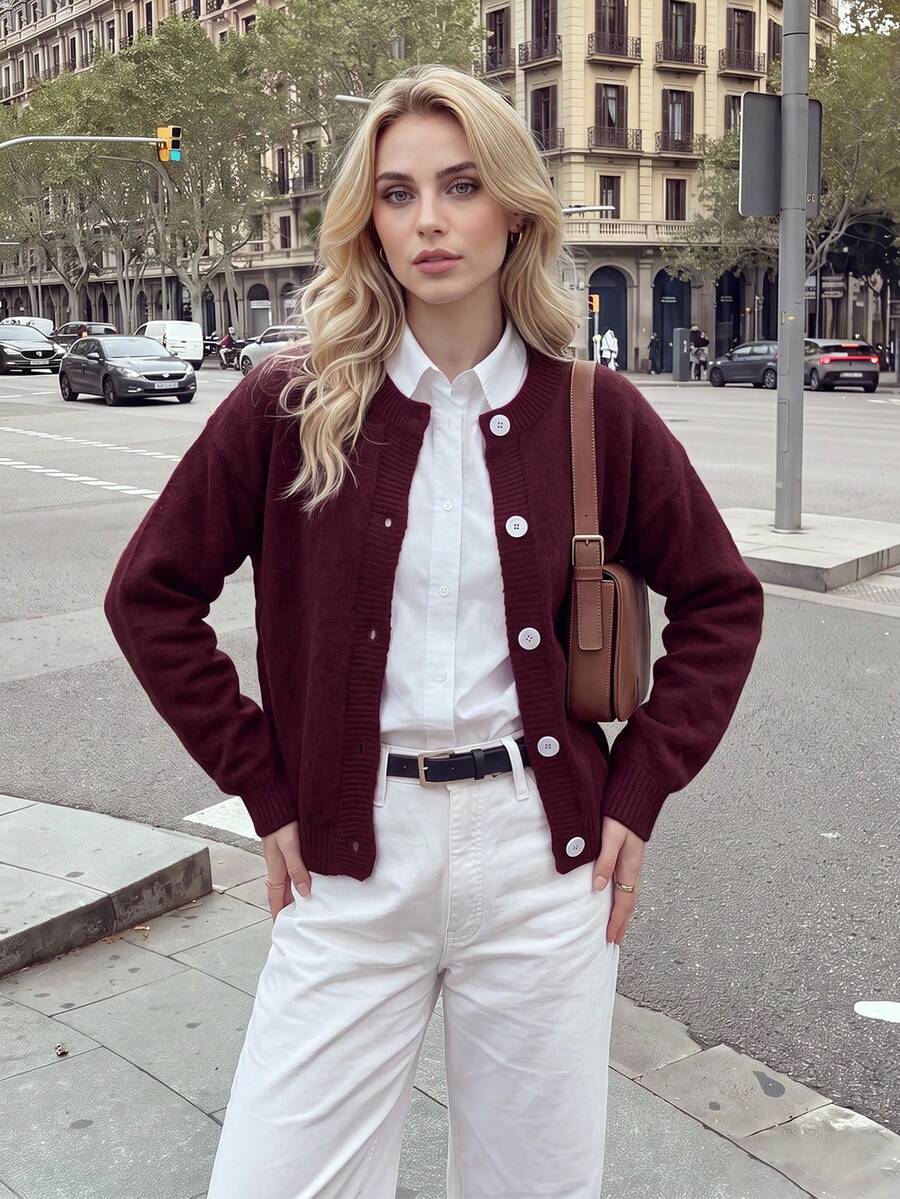 Nicenter Women's Fall Winter Burgundy Cozy Crew Neck Button Front Wool Blend Cardigan Sweater, Elegant Casual Simple For Office Daily Home Date - Burgundy - View 1