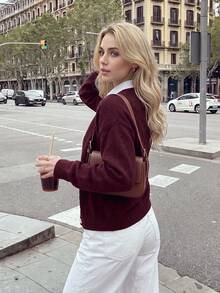 Nicenter Women's Fall Winter Burgundy Cozy Crew Neck Button Front Wool Blend Cardigan Sweater, Elegant Casual Simple For Office Daily Home Date - Burgundy - View 2