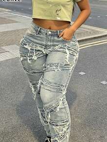 Vintage Distressed Straight Leg Jeans, Washed Skinny Plus Size Women Denim Pants, Streetwear Style, Suitable For Spring And Autumn Casual - Medium Wash - View 1