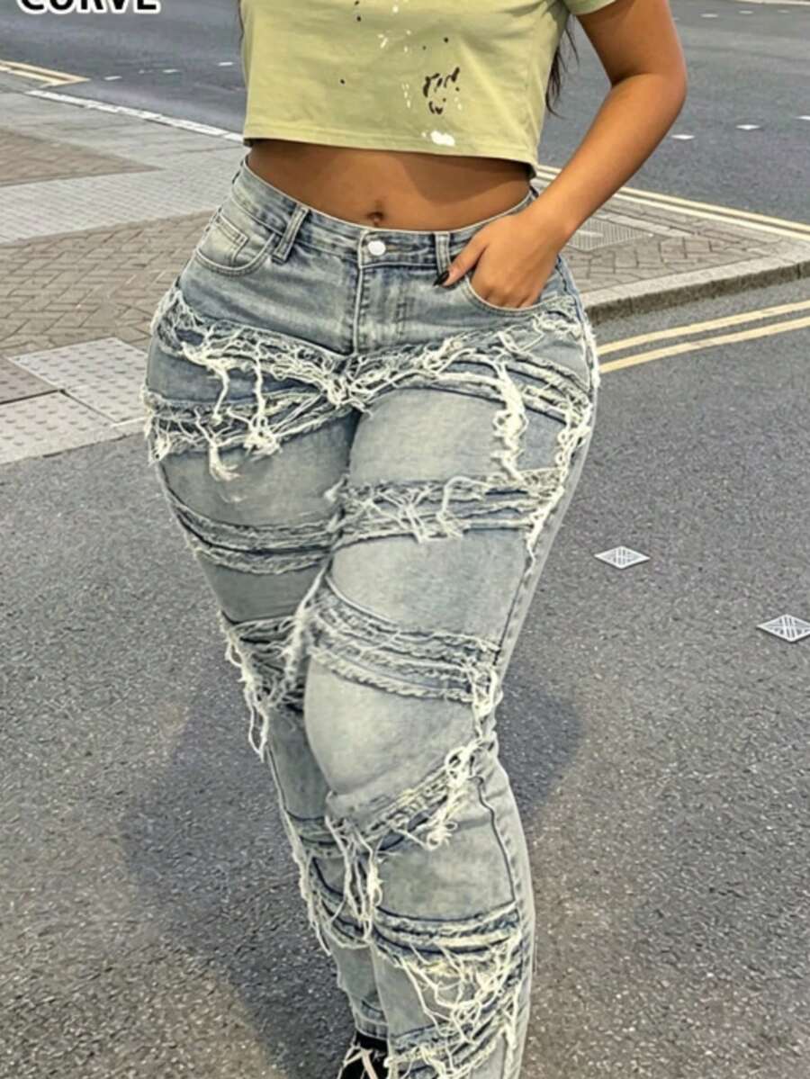 Vintage Distressed Straight Leg Jeans, Washed Skinny Plus Size Women Denim Pants, Streetwear Style, Suitable For Spring And Autumn Casual - Medium Wash - View 1