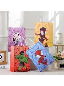 12pcs/Set "And His Magic Friends" Paper Gift Bags With Handles, Size 4, Miles, Ghost Spider, Giant White Cardboard Commemorative Bags, Superhero Theme Birthday Party Candy Toy Packaging Bags - Multicolor - View 1