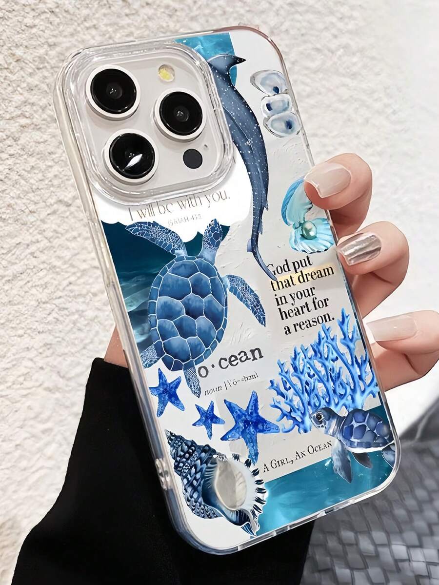 1件羽毛與海龜深海拼貼極簡風個性化TPU防震全包手機殼，適用於Apple 17 16 15 14 13 12 11 Pro Max Air及系列 - 彩色 - 查看 1