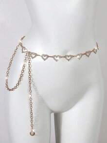 1pc Hollow Heart Rhinestone Waist Chain, Shiny Adjustable Body Chain, Women's Dress Accessory - Gold - View 4
