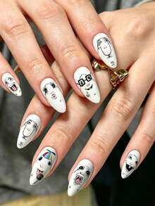 30pcs Funny Cartoon Face Black & White Line Art Design Medium Length Almond Shaped Press-On Nails, Suitable For Girls And Women For School Activities, Theme Parties Or Outings To Create Unique Nail Looks - Multicolor - View 7