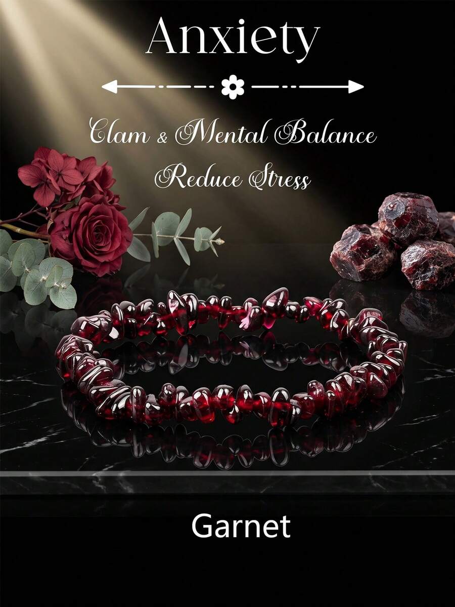 Natural Garnet Chip Elastic Bracelet, Crystal Healing Anxiety Relief & Emotional Balance Jewelry (Natural Stone Shape And Color May Vary) - Pomegranate - View 1