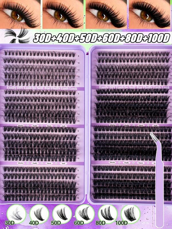 Set Bulu Mata Palsu 800 pcs, D Curl 30D-100D Campuran, Bahan Serat Buatan Tangan, Termasuk Bulu Mata, Dapat Disesuaikan dan Digunakan Kembali, Ringan dan Mudah Digunakan, Ekstensi Bulu Mata, Ciptakan Efek Bulu Mata Alami Mata Besar