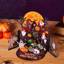 1pc,Handmade Halloween 3d Greeting Card, Featuring A Witch'S House, Pumpkin Lantern, And Ghost Patterns In Purple And Orange Color Scheme For An Eerie Party Invitation. Suitable For Halloween Decoration, Classroom Setup, And Parties. - Multiple Styles - View 1