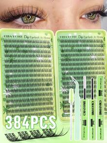 384片天然假睫毛，柔軟可重複使用睫毛簇，卡通動漫單簇睫毛，天使輕盈睫毛，適合所有眼型，包含膠水、密封劑、鑷子、刷子，星形睫毛接種套裝，適合初學者 - 彩色 - 查看 4