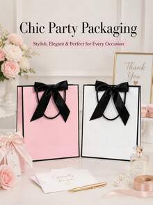 1 peça/2 peças/6 peças 2 Estilos Sacolas de Presente de Papel Rosa e Branco com Laço de Fita Preta e Alças de Corda, Sacolas de Compras Elegantes e Minimalistas para Aniversário, Casamento, Chá de Panela, Formatura, Feriado, Roupas, Cosméticos e Embalagem de Presentes, Sacolas Reutilizáveis - Bolsa tote com laço - Visão 3