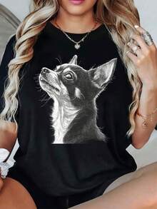 Camiseta Mujer Estampado Chihuahua, Ropa Casual Manga Corta para Amantes de Mascotas y Dueños de Chihuahua - Negro - Ver 5