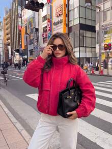 Women's Solid Color Funnel Neck Quilted American Bomber Jacket, Utility High Street Casual Commute Sporty Fashion Autumn/Winter Aviator Jacket - Red - View 5
