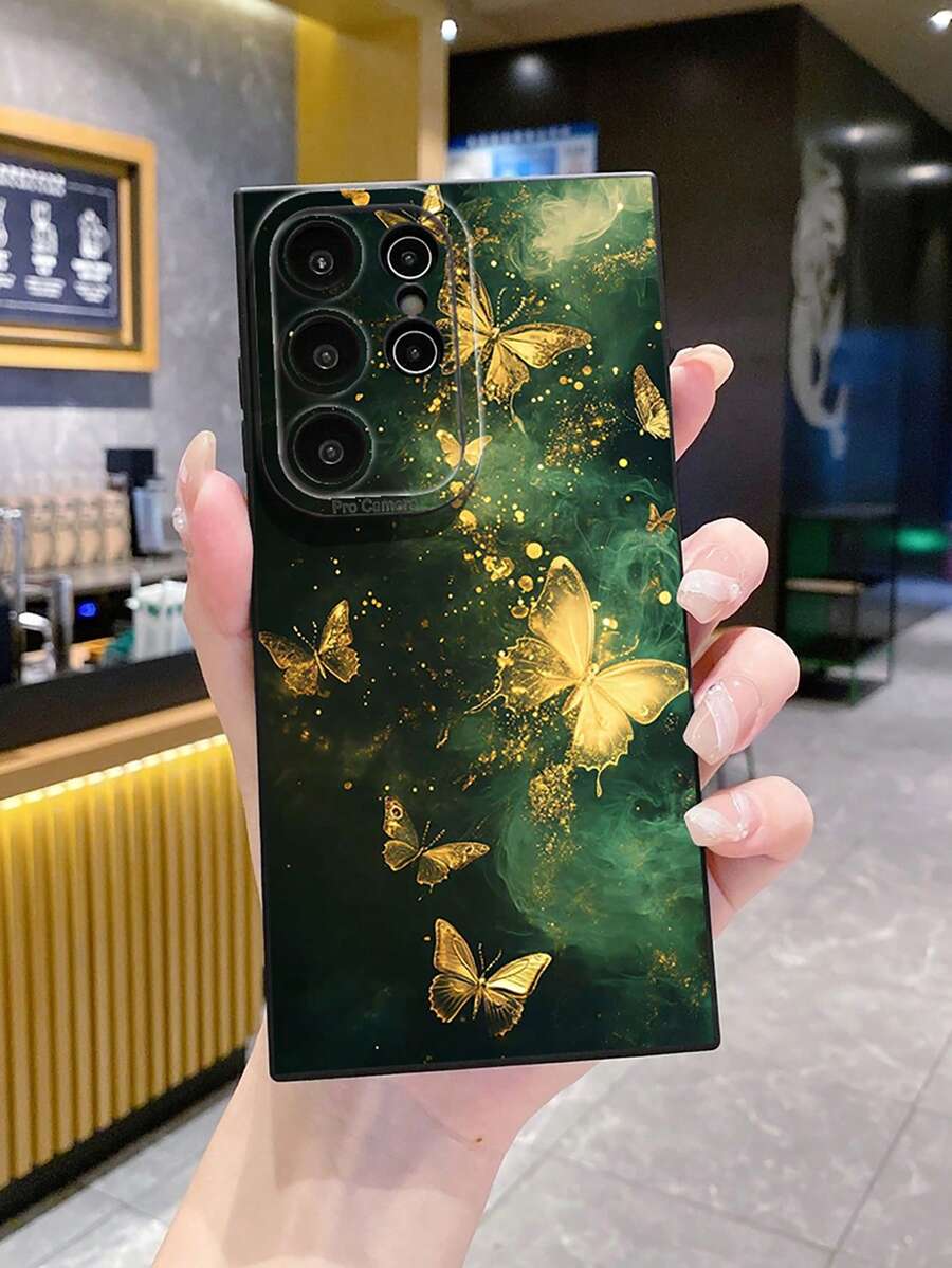 1pc Green Background Gold Butterfly Camera Anti-Drop Phone Case UV Printed Suitable For Samsung/Galaxy/ Android Models - Black - View 1