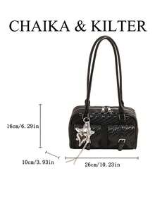 CHAIKA & KILTER 1件純色PU布料女款時尚多口袋大容量波士頓保齡球肩背包，全表面紋理拉鍊開合，適合日常與街頭使用（附吊飾） - 黑色 - 查看 3