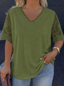 Plus Size Women Fashionable Versatile Summer Lace Panel T-Shirt Casual - Green - View 2