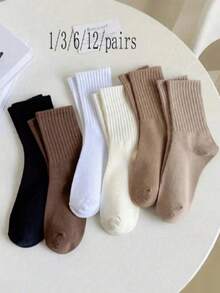 6 Pairs Women's Solid Color Mid-Calf Socks, Minimalist Multi-Functional Ribbed Casual Sports Socks, Comfortable Breathable Daily Commute All-Match Socks, 12pcs/18pcs/24pcs [Note: Quantity Counted By Piece] - Multicolor - View 7