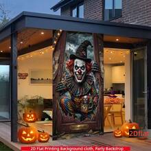 2D Flat Banner 1pc Scary Clown Circus Halloween Decoration Hanging Cloth, Breaking Through Door Thriller Ghost Face Print Door Cover Banner, Suitable For Halloween Theme Party Backdrop, Home Porch Thriller Decoration, Horror Carnival Atmosphere Setup, Polyester Material - A - View 1