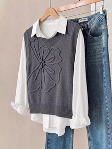 Girls' Grey 3D Floral Knit Vest, Spring/Autumn Round Neck Sleeveless Sweater, Versatile Layering Top For Big Girls - Grey - View 7