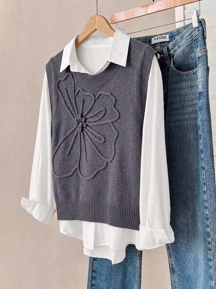 Girls' Grey 3D Floral Knit Vest, Spring/Autumn Round Neck Sleeveless Sweater, Versatile Layering Top For Big Girls - Grey - View 1