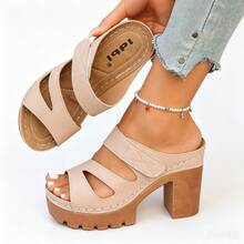 Women's High Heel Sandals Solid Color Hook And Loop Plus Size Wide Fit Lightweight Comfortable Chunky Heel Casual Commute Slip-On Sandals Slides Minimalist Summer Beach Style Slip-On Slides - Beige - View 8