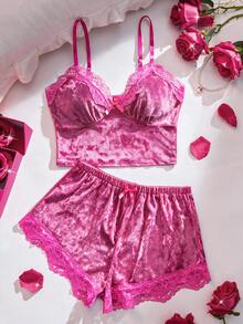 2 Potong Set Piyama Wanita Leher V Warna Polos, Atasan Halter Leher V dengan Hiasan Renda dan Celana Pendek Pinggang Ikat, Set Pakaian Santai yang Nyaman dan Lembut - Purple - View 11