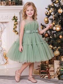 Young Girls Bowknot Puff Tulle Princess Fancy Dress Suitable For Party And Gathering, Headband Not Included - Green - View 3