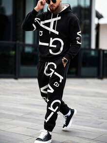 Men's Spring/Autumn Casual Versatile Kangaroo Pocket Drawstring Hooded Sweatshirt And Sweatpants Set - Multicolor - View 4