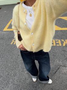 Vivid Style Yellow Fuzzy Knit Cardigan Women Crewneck Button Up Crop Loose Sweater Drop Shoulder Long Sleeve Cozy Ribbed Knitted Jumper Coat - Yellow - View 1
