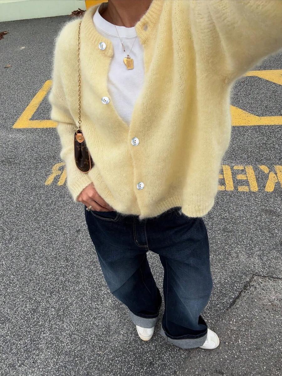 Vivid Style Yellow Fuzzy Knit Cardigan Women Crewneck Button Up Crop Loose Sweater Drop Shoulder Long Sleeve Cozy Ribbed Knitted Jumper Coat - Yellow - View 1